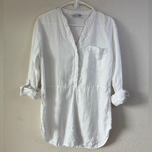 Pure Navy 100% Linen White Tunic Top S Roll Tab Sleeve Split Neck Blouse Coastal - Picture 1 of 6